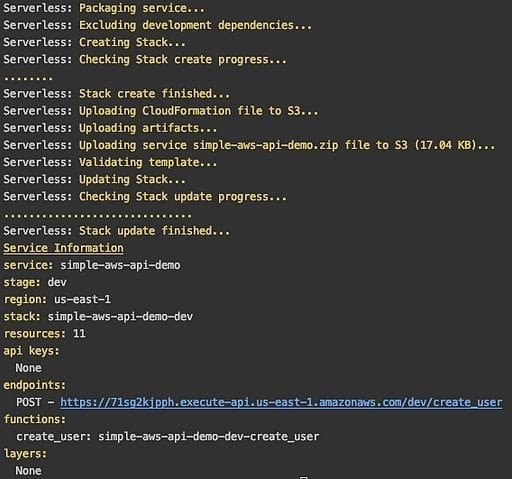 Serverless.yml output for API configuration