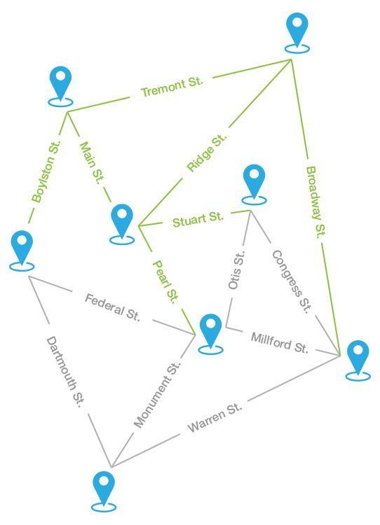 Streets with power outages from a graph database geospatial analysis result. 