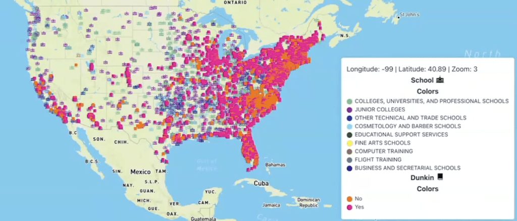 Map of universities and Dunkin' locations in the United States