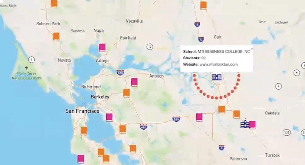 Map of Dunkin' locations within a 10-mile radius of universities near San Francisco