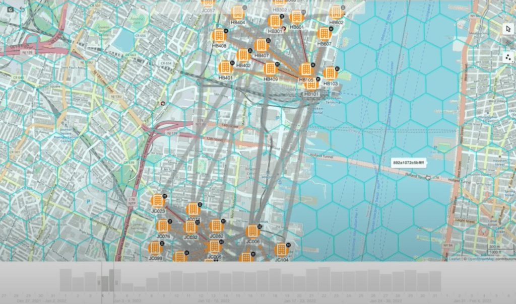 h3 hex grid system Map of Jersey City and Hoboken showing time lapse of bike traffic patterns