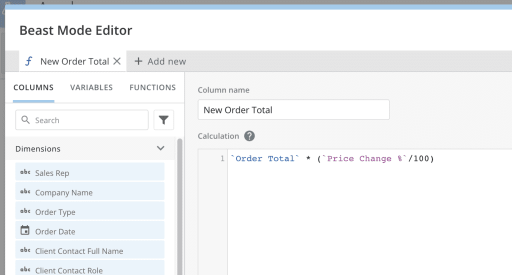 Beast Mode example with Domo Variables shown in pink font