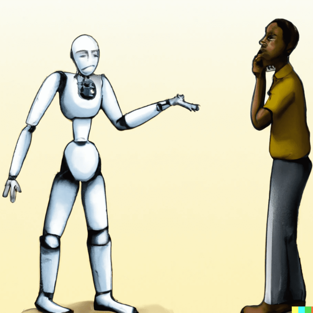 Dall-E 2 generated image of Data Analytics Professionals asking an artificial intelligence robot a question