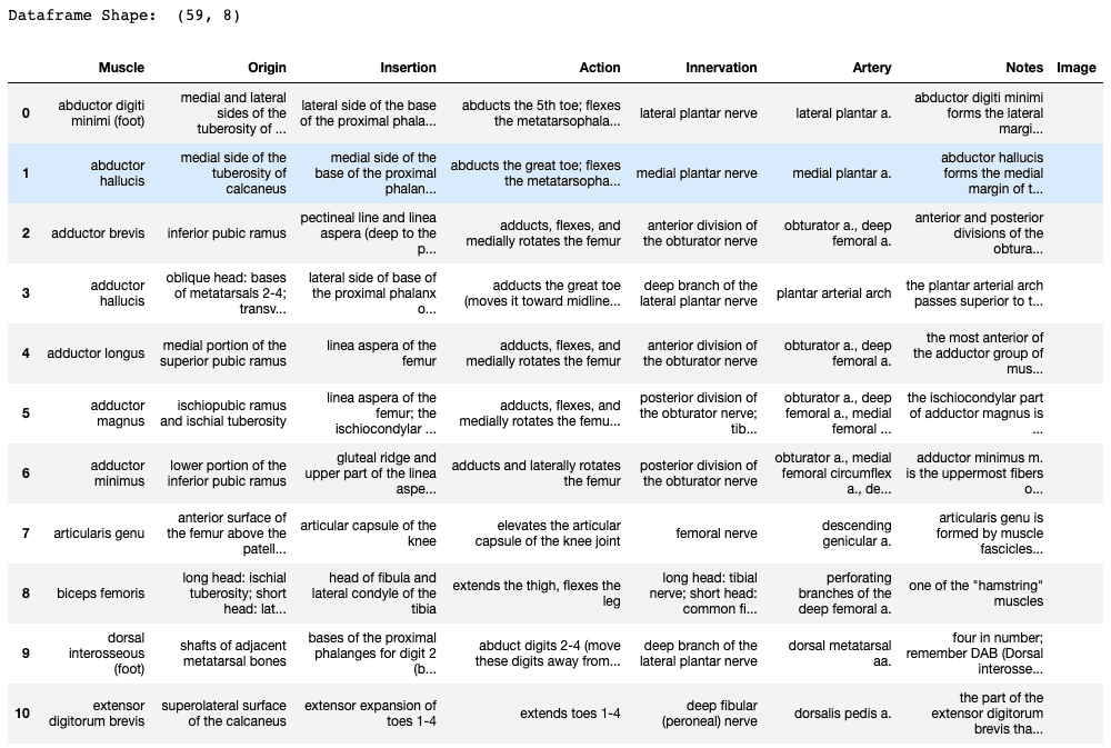 Medical Gross Anatomy Anatomy Tables Dataframe